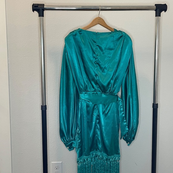 Too Hot to Handle Satin Bell Sleeve Dress with Fringe Detail - Picture 3 of 4